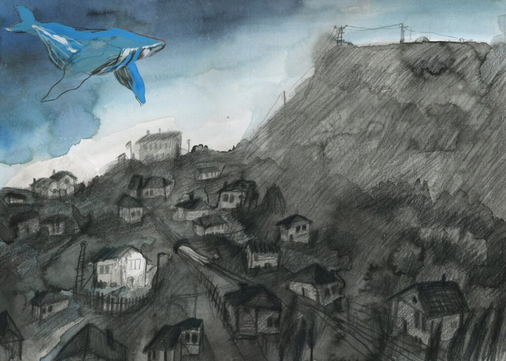 Библейският кит Рахав лети над изоставено село. Илюстрация на град, дом, къщи, нощ